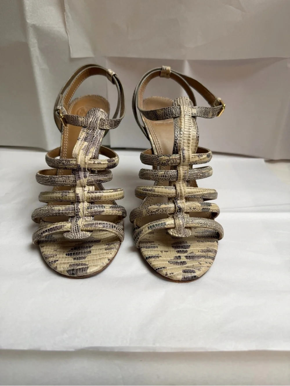 Tory Burch Neutral Snake-Print Strappy Heels